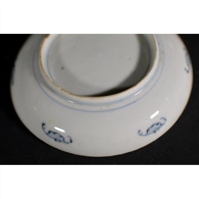 Close-up of underside of vintage Chinese porcelain plate with small blue decorative patterns near base.