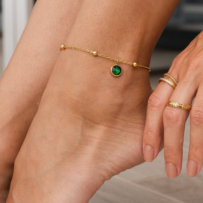 Women's Stainless Steel 18K Gold-Plated Anklet – Emerald Pendant, Dainty – Meiva anklet view 2