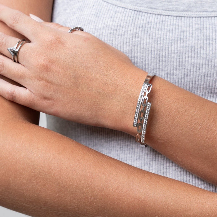 Women's Stainless Steel 18K Gold-Plated Bracelet – Bangle Donatela Silver, Layered – Meiva bracelet view 2