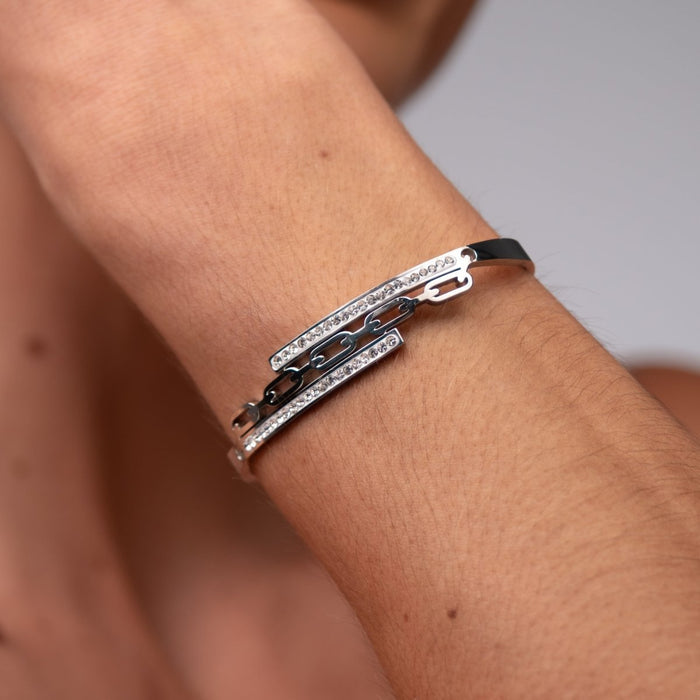 Women's Stainless Steel 18K Gold-Plated Bracelet – Bangle Donatela Silver, Layered – Meiva bracelet view 4