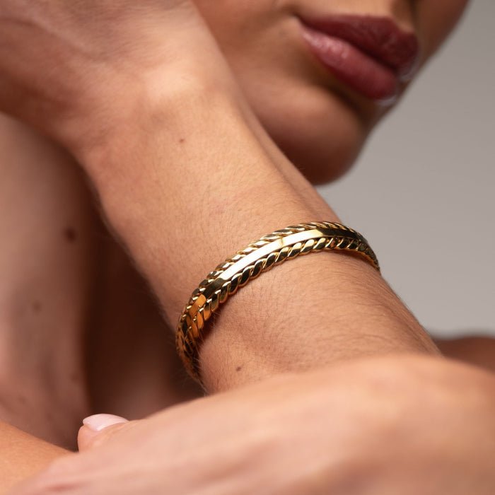 Women's Stainless Steel 18K Gold-Plated Bracelet – Bangle Golden Leaves Cuff, Dainty – Meiva bracelet view 3