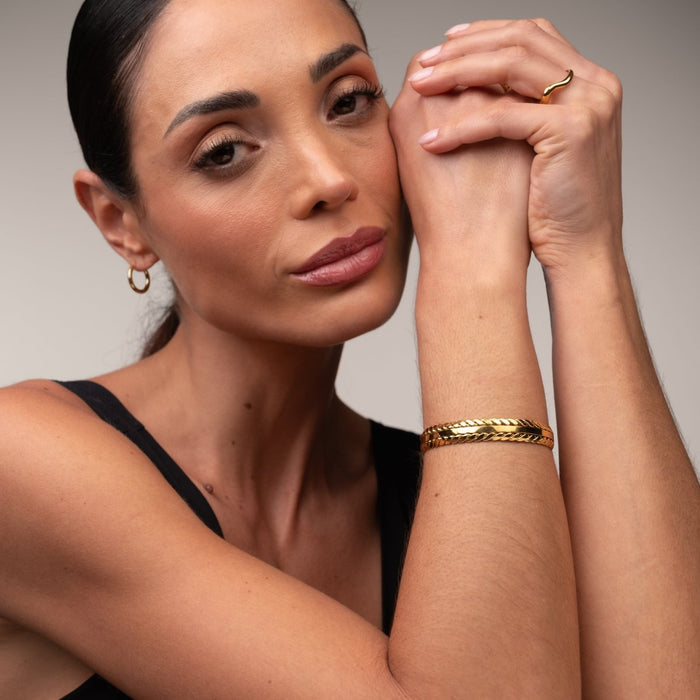 Women's Stainless Steel 18K Gold-Plated Bracelet – Bangle Golden Leaves Cuff, Dainty – Meiva bracelet view 4