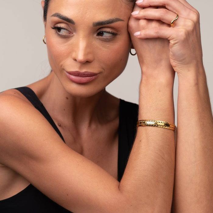 Women's Stainless Steel 18K Gold-Plated Bracelet – Bangle Golden Leaves Cuff, Dainty – Meiva bracelet view 5
