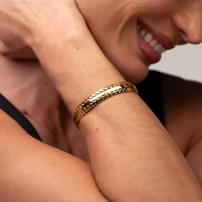 Women's Stainless Steel 18K Gold-Plated Bracelet – Bangle Golden Leaves Cuff, Dainty – Meiva bracelet view 6