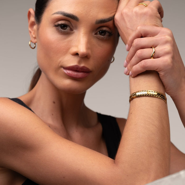 Women's Stainless Steel 18K Gold-Plated Bracelet – Bangle Golden Leaves Cuff, Dainty – Meiva bracelet view 7