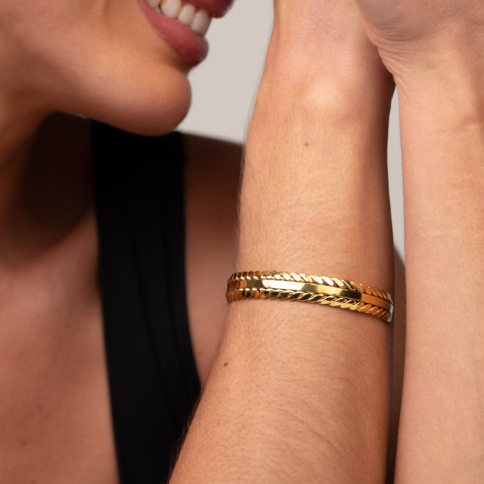 Women's Stainless Steel 18K Gold-Plated Bracelet – Bangle Golden Leaves Cuff, Dainty – Meiva bracelet view 8