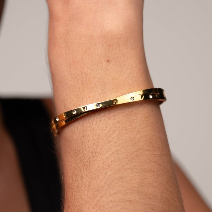 Women's Stainless Steel 18K Gold-Plated Bracelet – Bangle Interlaced Roman Numerals Cuff, Layered – Meiva bracelet view 2