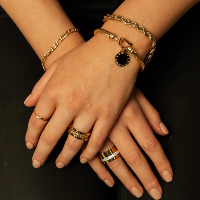 Women's Stainless Steel 18K Gold-Plated Bracelet – Bangle Onyx Charm Cuff – Meiva bracelet view 2