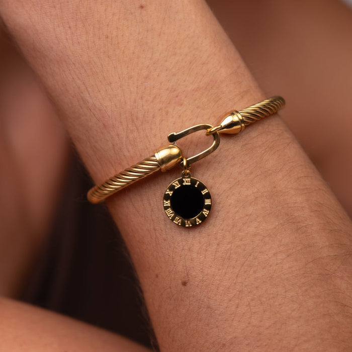 Women's Stainless Steel 18K Gold-Plated Bracelet – Bangle Onyx Charm Cuff – Meiva bracelet view 3