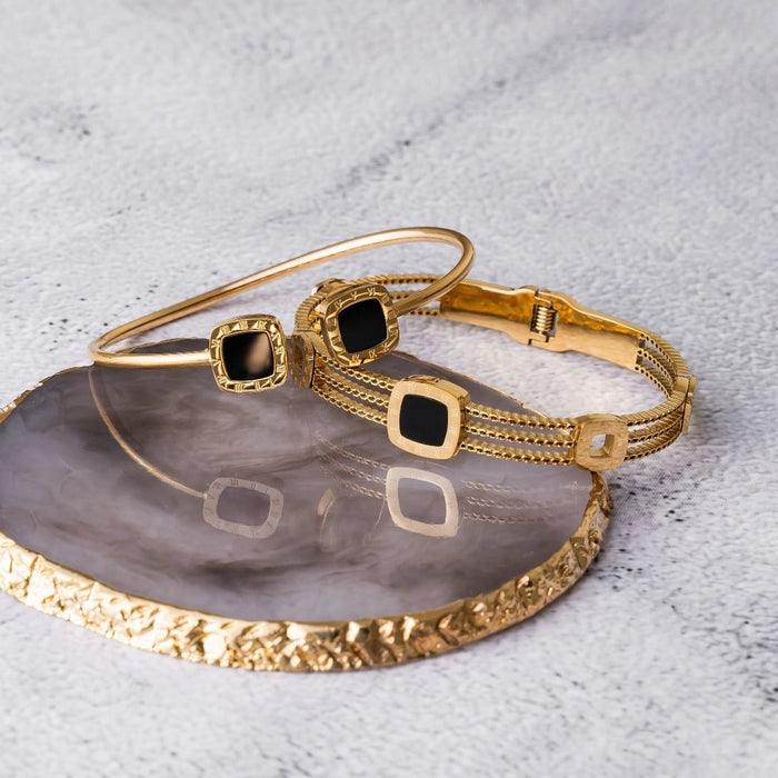 Women's Stainless Steel 18K Gold-Plated Bracelet – Bangle Onyx Summer Cuff – Meiva bracelet view 2
