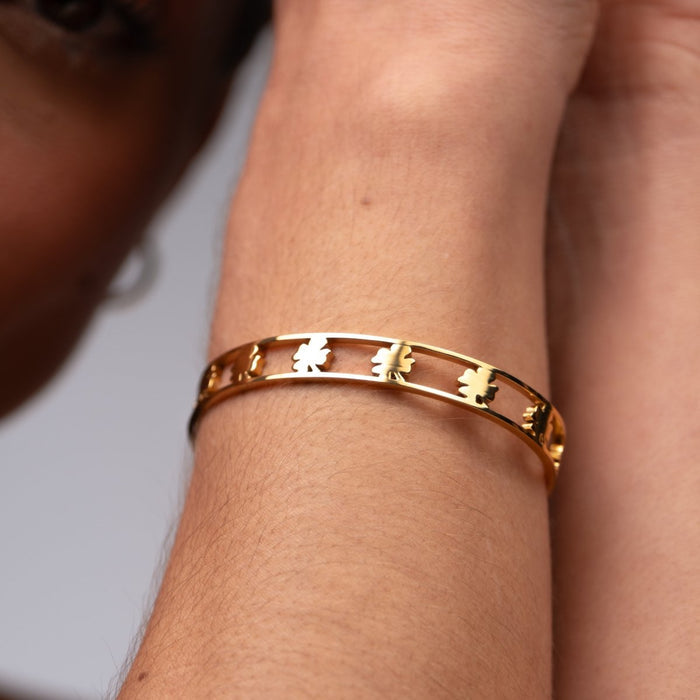 Women's Stainless Steel 18K Gold-Plated Bracelet – Bangle Open Clover Cuff, Dainty – Meiva bracelet view 6