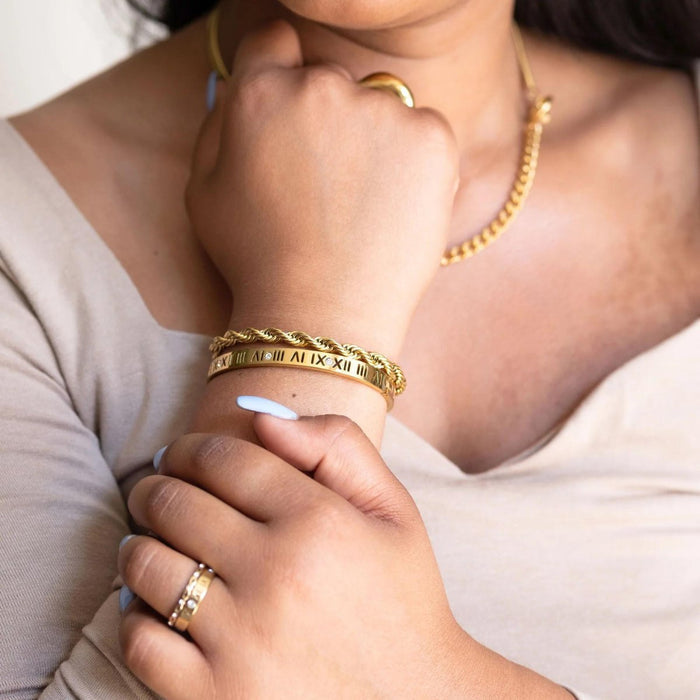 Women's Stainless Steel 18K Gold-Plated Bracelet – Bangle Roman Numeral Cuff, Layered – Meiva bracelet view 2