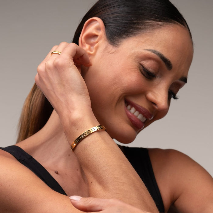 Women's Stainless Steel 18K Gold-Plated Bracelet – Bangle Roman Numeral Cuff, Layered – Meiva bracelet view 3