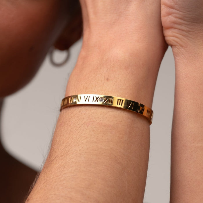 Women's Stainless Steel 18K Gold-Plated Bracelet – Bangle Roman Numeral Cuff, Layered – Meiva bracelet view 4