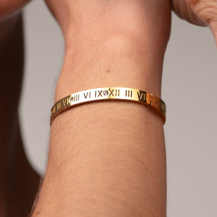 Women's Stainless Steel 18K Gold-Plated Bracelet – Bangle Roman Numeral Cuff, Layered – Meiva bracelet view 5