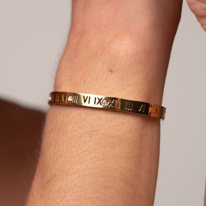 Women's Stainless Steel 18K Gold-Plated Bracelet – Bangle Roman Numeral Cuff, Layered – Meiva bracelet view 7