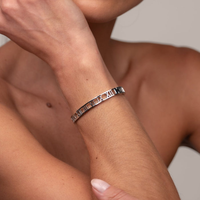 Women's Stainless Steel 18K Gold-Plated Bracelet – Bangle Roman Numeral Cuff Silver – Meiva bracelet view 3