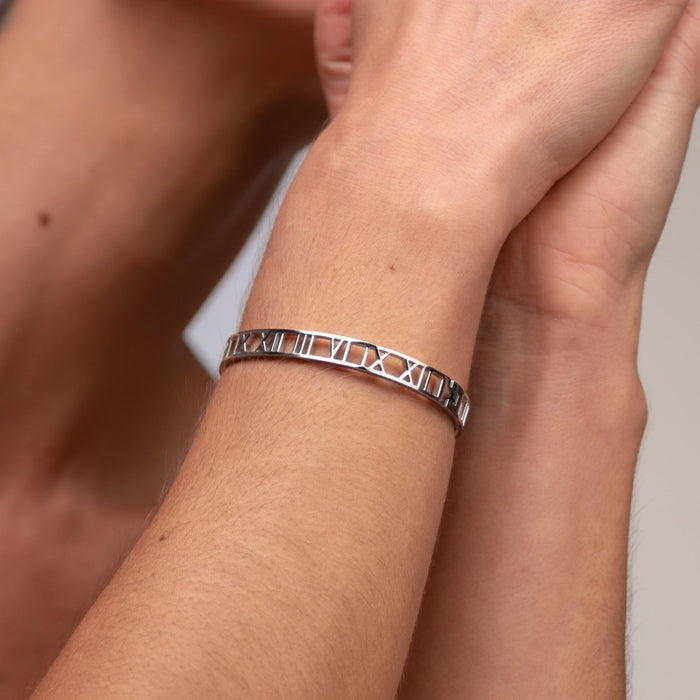Women's Stainless Steel 18K Gold-Plated Bracelet – Bangle Roman Numeral Cuff Silver – Meiva bracelet view 6