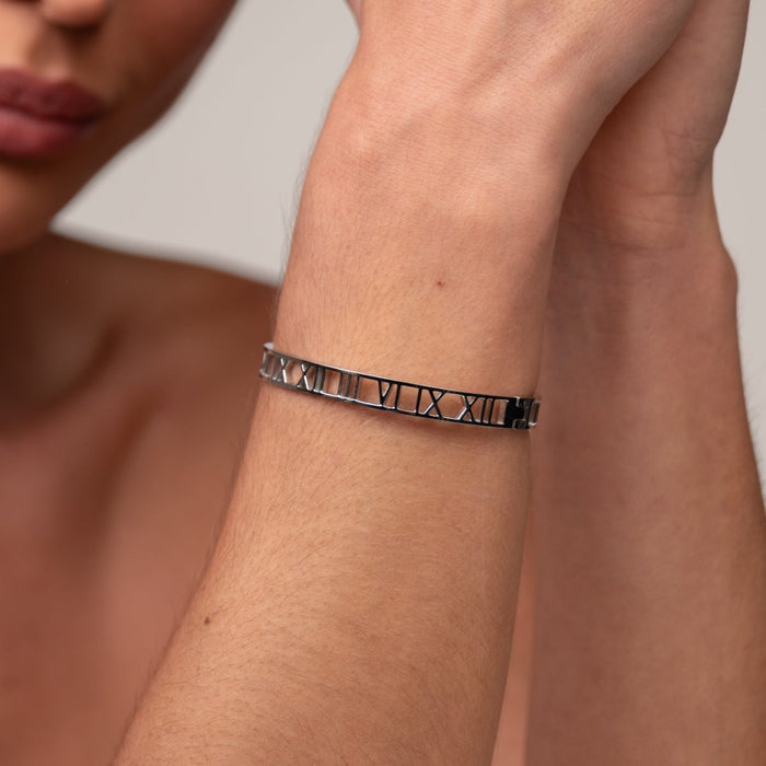 Women's Stainless Steel 18K Gold-Plated Bracelet – Bangle Roman Numeral Cuff Silver – Meiva bracelet view 7