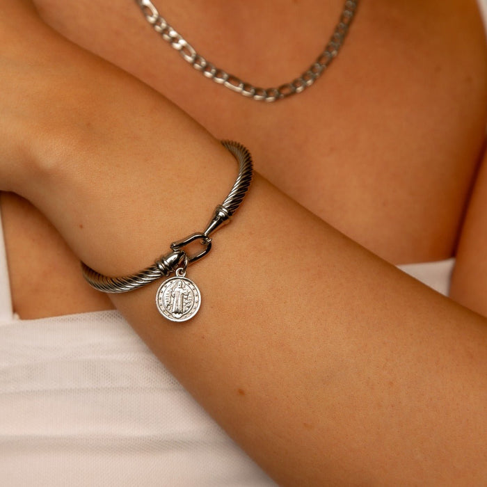 Women's Stainless Steel 18K Gold-Plated Bracelet – Bangle Saint Benedict Charm Cuff Silver – Meiva bracelet view 2