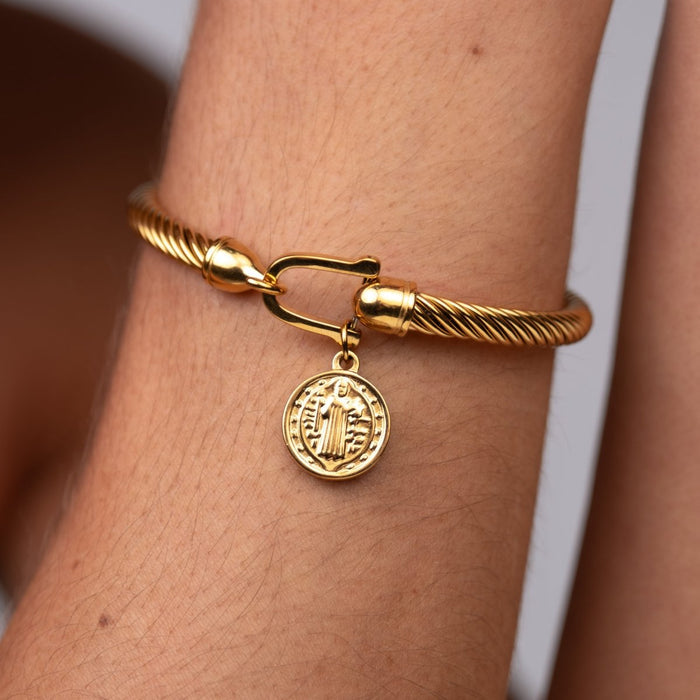 Women's Stainless Steel 18K Gold-Plated Bracelet – Bangle Saint Benedict Charm Cuff, Layered – Meiva bracelet view 2