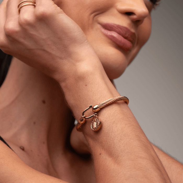 Women's Stainless Steel 18K Gold-Plated Bracelet – Bangle Saint Benedict Charm Cuff, Layered – Meiva bracelet view 3