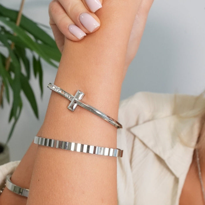 Women's Stainless Steel 18K Gold-Plated Bracelet – Bangle T-Bar Elegance Cuff Silver – Meiva bracelet view 3