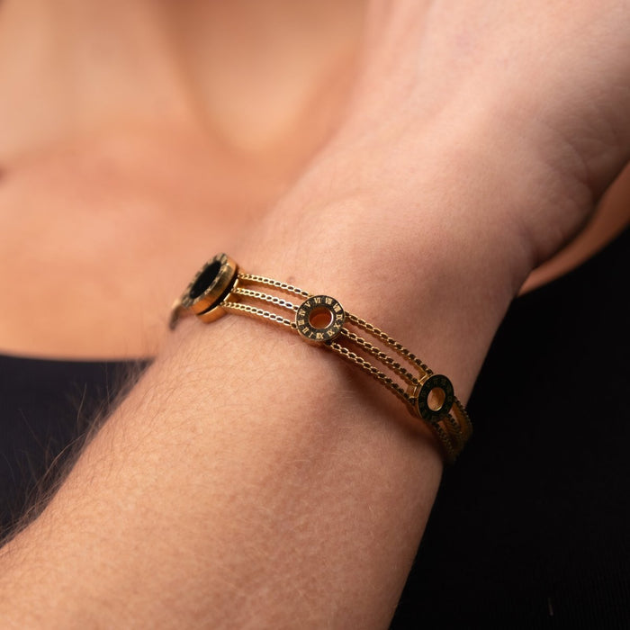 Women's Stainless Steel 18K Gold-Plated Bracelet – Bangle Triple Onyx Cuff, Statement – Meiva bracelet view 3