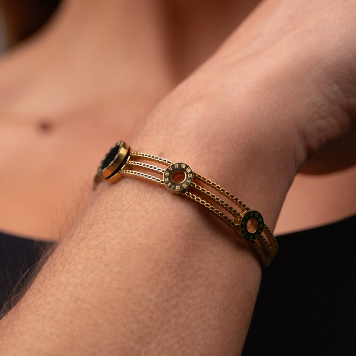 Women's Stainless Steel 18K Gold-Plated Bracelet – Bangle Triple Onyx Cuff, Statement – Meiva bracelet view 4