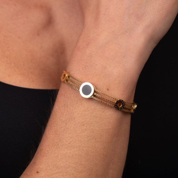 Women's Stainless Steel 18K Gold-Plated Bracelet – Bangle Triple Onyx Cuff, Statement – Meiva bracelet view 5