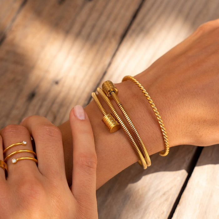 Women's Stainless Steel 18K Gold-Plated Bracelet – Bangle Triple Spiral Cuff, Layered – Meiva bracelet view 4