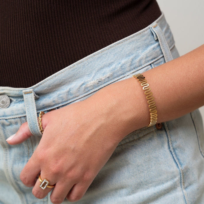 Women's Stainless Steel 18K Gold-Plated Bracelet – Bangle Zig Zag Cuff, Statement – Meiva bracelet view 3