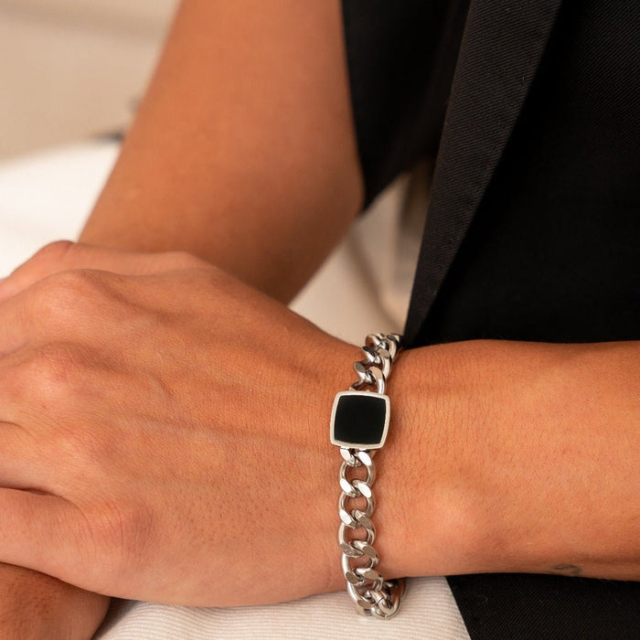 Women's Stainless Steel 18K Gold-Plated Bracelet – Chain with Onyx Pendant Silver, Layered – Meiva bracelet view 4