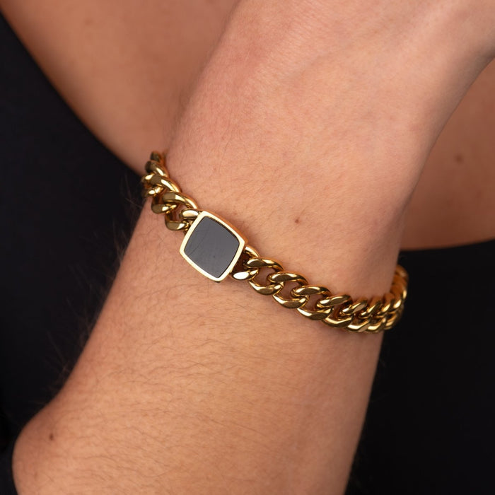 Women's Stainless Steel 18K Gold-Plated Bracelet – Chain with Onyx Pendant – Meiva bracelet view 2