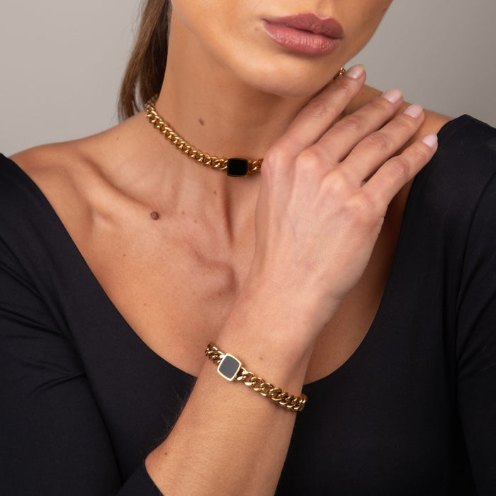Women's Stainless Steel 18K Gold-Plated Bracelet – Chain with Onyx Pendant – Meiva bracelet view 3