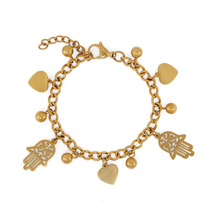 Women's Stainless Steel 18K Gold-Plated Bracelet – Link with Heart and Hamsa Charms – Meiva bracelet