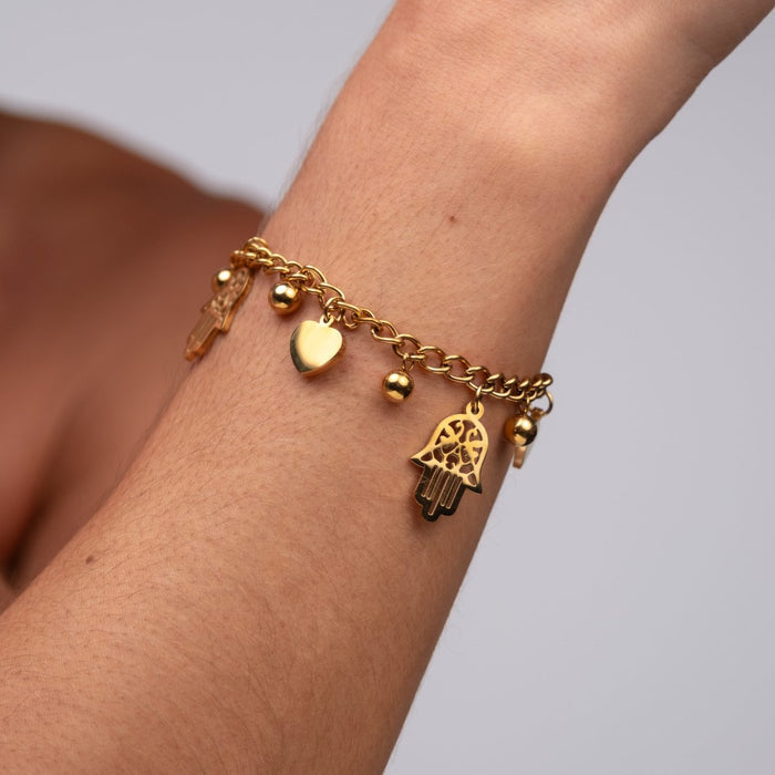 Women's Stainless Steel 18K Gold-Plated Bracelet – Link with Heart and Hamsa Charms – Meiva bracelet view 2