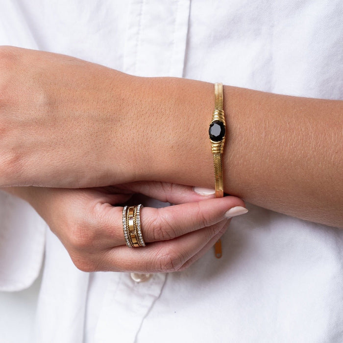 Women's Stainless Steel 18K Gold-Plated Bracelet – Mesh Onyx Stone, Statement – Meiva bracelet view 2