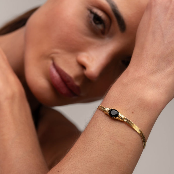 Women's Stainless Steel 18K Gold-Plated Bracelet – Mesh Onyx Stone, Statement – Meiva bracelet view 5