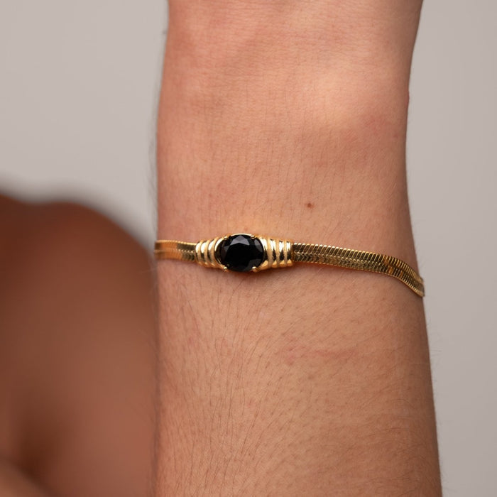 Women's Stainless Steel 18K Gold-Plated Bracelet – Mesh Onyx Stone, Statement – Meiva bracelet view 6