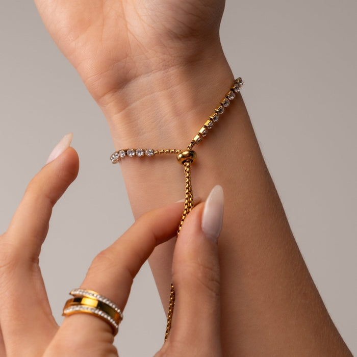 Women's Stainless Steel 18K Gold-Plated Bracelet – Riviera Puket Adjustable, Tennis – Meiva bracelet view 2