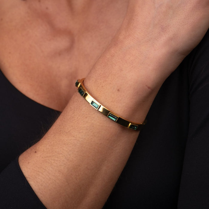 Women's Stainless Steel 18K Gold-Plated Crystal Bracelet – Bangle Green Navette Cuff – Meiva bracelet view 3
