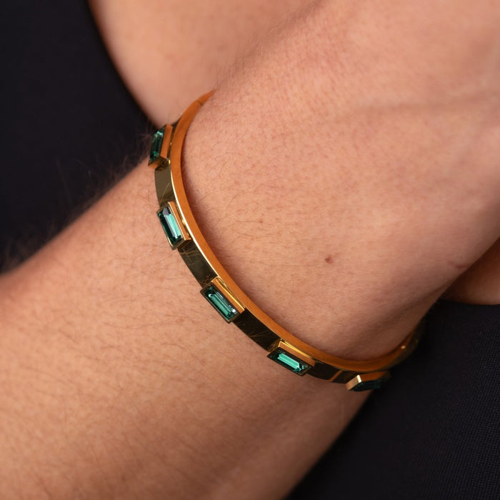 Women's Stainless Steel 18K Gold-Plated Crystal Bracelet – Bangle Green Navette Cuff – Meiva bracelet view 4