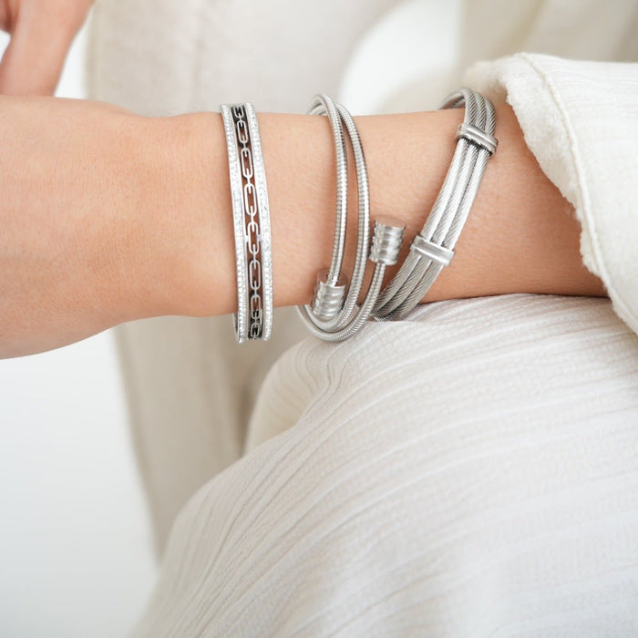 Women's Stainless Steel 18K Gold-Plated Crystal Bracelet – Bangle Ivy Stone Cuff Silver, Dainty – Meiva bracelet view 3