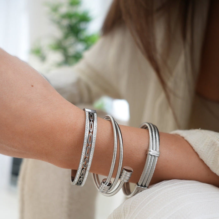 Women's Stainless Steel 18K Gold-Plated Crystal Bracelet – Bangle Ivy Stone Cuff Silver, Dainty – Meiva bracelet view 4