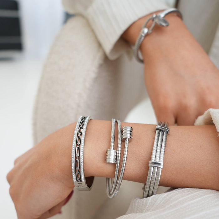 Women's Stainless Steel 18K Gold-Plated Crystal Bracelet – Bangle Ivy Stone Cuff Silver, Dainty – Meiva bracelet view 5