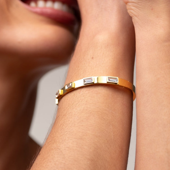 Women's Stainless Steel 18K Gold-Plated Crystal Bracelet – Bangle Navette Cuff – Meiva bracelet view 3