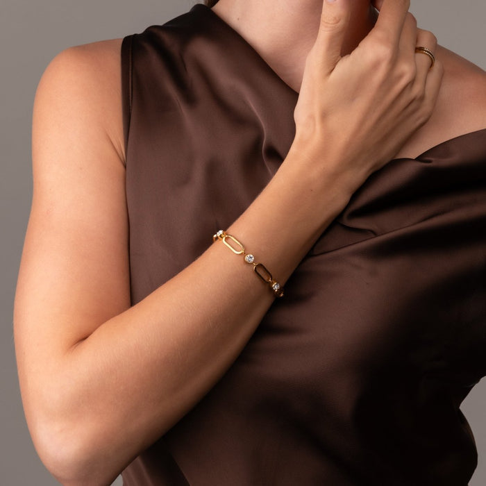 Women's Stainless Steel 18K Gold-Plated Crystal Bracelet – Link, Layered – Meiva bracelet view 3