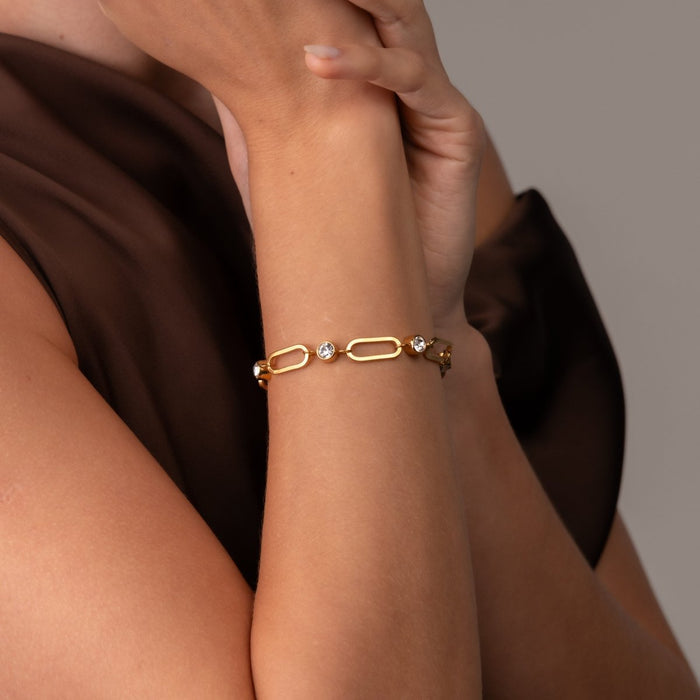 Women's Stainless Steel 18K Gold-Plated Crystal Bracelet – Link, Layered – Meiva bracelet view 4