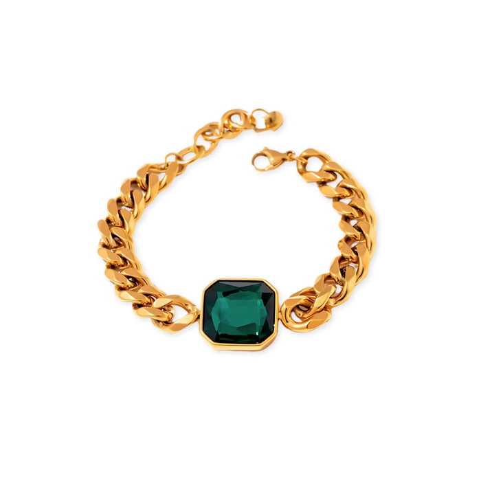 Women's Stainless Steel 18K Gold-Plated Crystal Bracelet – Rich Emerald Green Stone, Adjustable – Meiva bracelet